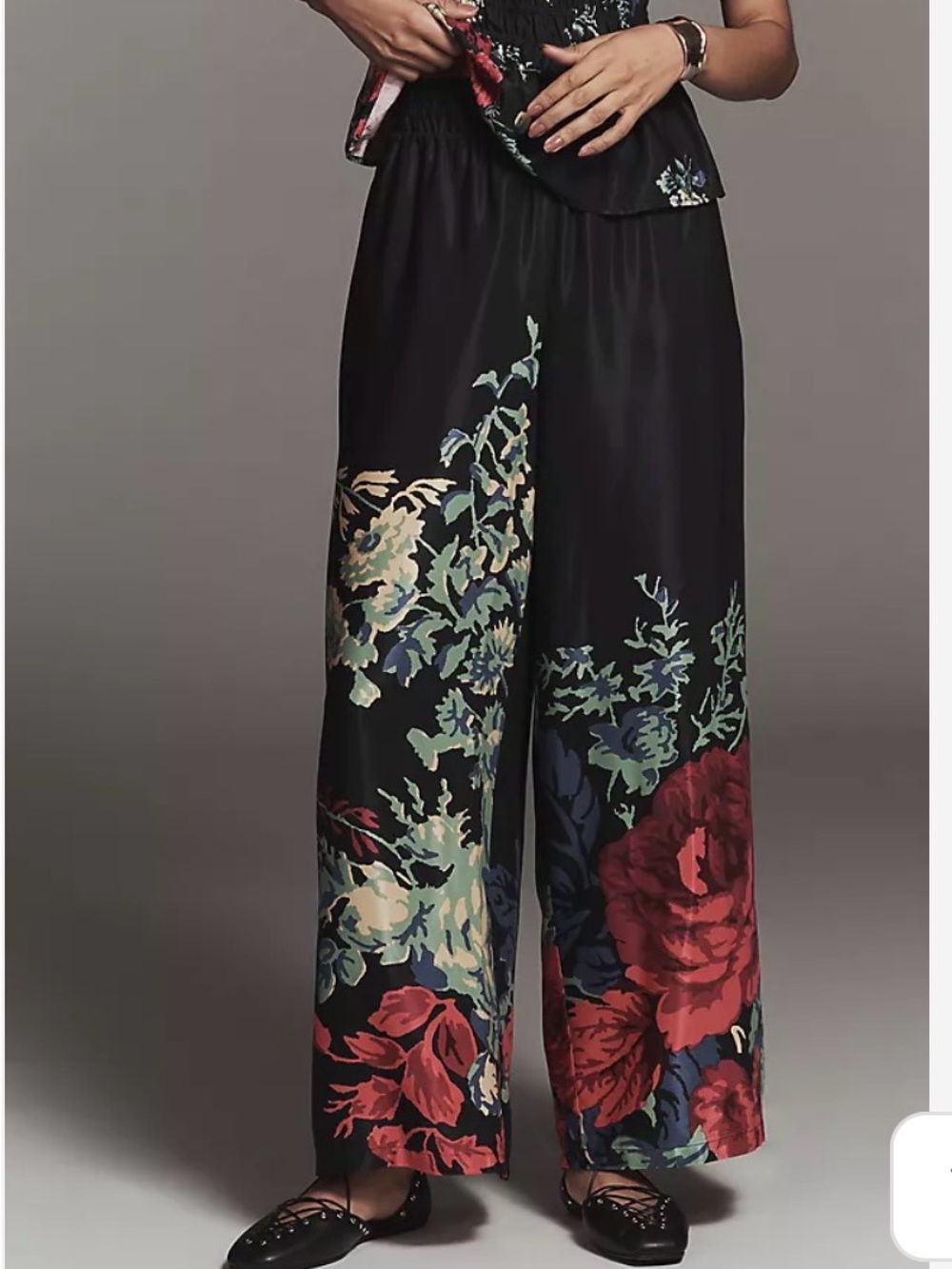 Anthropologie Somerset silk printed wide Leg pull on Pants Floral-Black- M